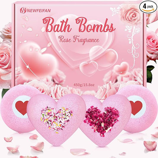 Easter Bath Bombs for Women, XXL 4-Pack Handmade Natural & Organic Rose Essential Oil, Teen Easter Basket Stuffers Gifts for Her Him, Birthday Gifts for Wife Daughter Girlfriend Coworkers