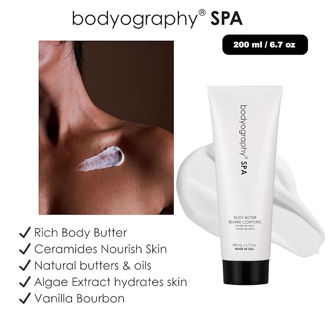 Bodyography Spa Body Butter 8 ounces | Vanilla Bourbon Fragrance | Luxurious Whipped Vegan Moisturizer with Ceramides, Algae Extract & Shea Butter | Firming Hydration for Dry Skin