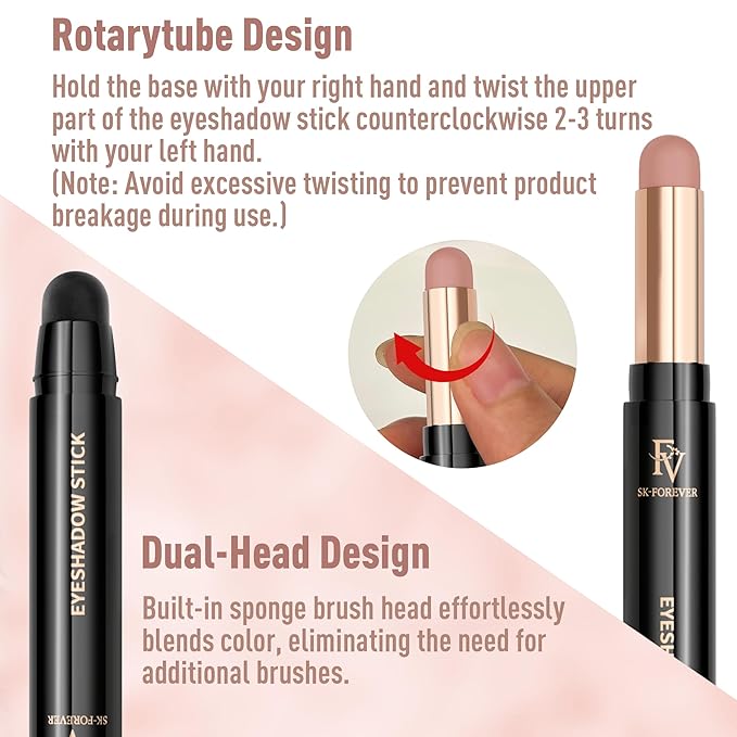 FV Long Lasting Cream Eyeshadow Stick, Waterproof & High Pigmented Eye Shadow Sticks Duo with Blending Sponge, Crease-Proof & Natural Finish Eyeshadow Pencil, Sand Matte