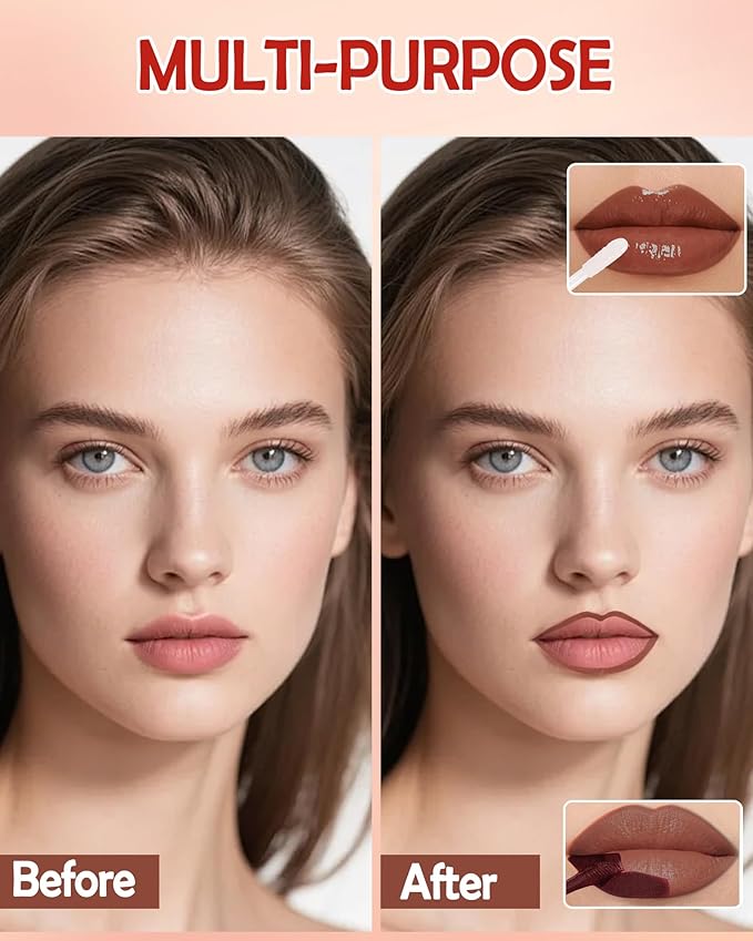 2 In 1 Peel Off Lip Stain Oil Set, Dual Ended Waterproof Long Wear Tattoo Lipliner with Clear Lip Gloss, Transfer-Proof and Non Sticky Peel Off Lips Tint Stain, Matte & Mirror Finish Lipstick-06