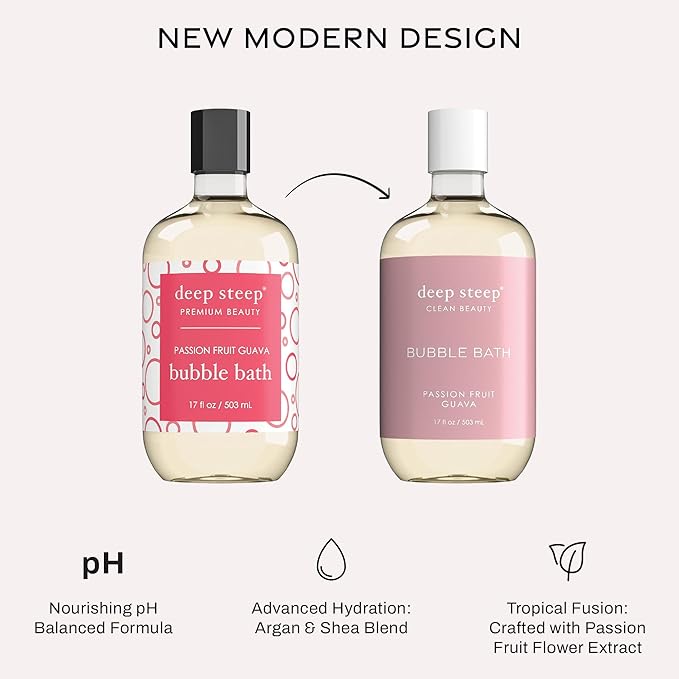 Deep Steep Bubble Bath, Passion Fruit Guava 17 oz (Pack of 2) – Hypoallergenic, Clinically Tested Soothing Soak with Shea Butter & Argan Oil – Sulfate-Free
