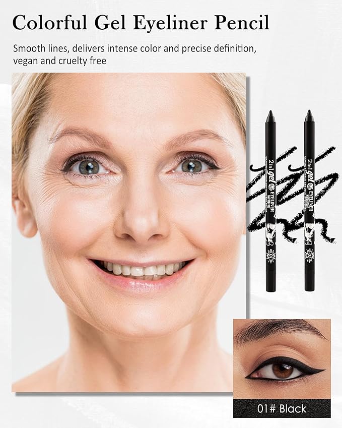 2Pcs Black Gel Eyeliner Pencil, Sharpenable Eye Liner Waterproof Smudge proof Long Wear, Matte Gel Cream Smooth Texture, Intense Color Waterline Eyeliner Pen Makeup with Sharpener, Delineador De Ojos