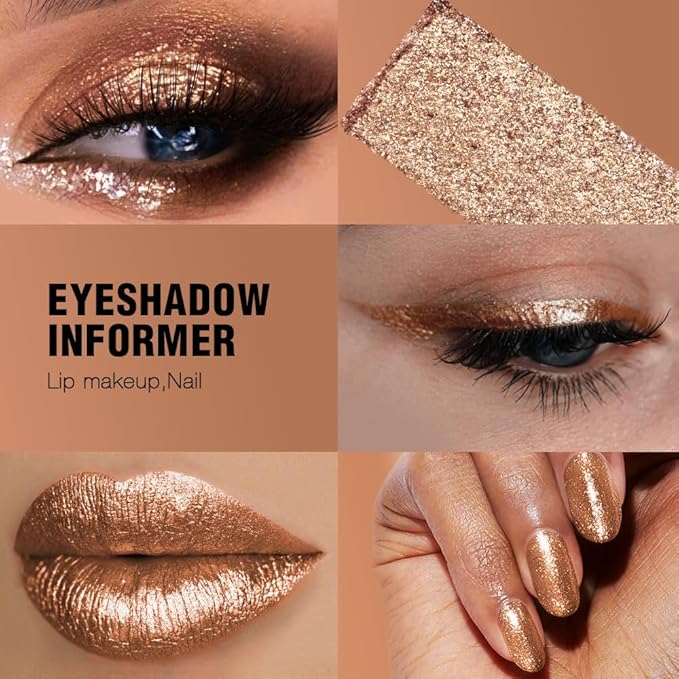 Brown Sparkle Eyeshadow, Highly Pigmented Shimmer Glitter Nude Champagne Eyeshaow with Cream Finish for Hazel Eyes,Long Lasting & Buildable Metallic Light Brown Shiny Eye Shadow for Natural Look,Vegan