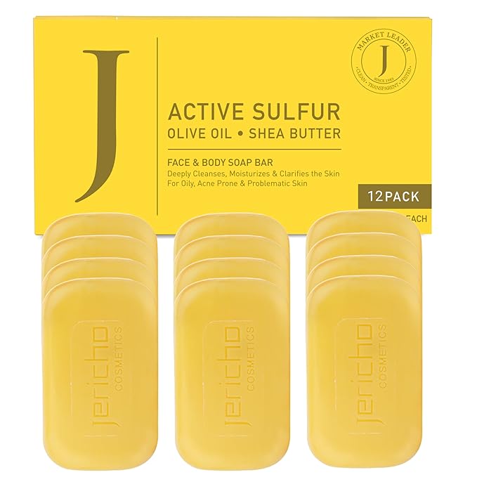 Jericho Dead Sea Sulfur Soap with Olive Oil – Helps with Acne, Psoriasis, Eczema & Blackheads – For Oily to Normal Skin – Vegan Face & Body Bar for Men & Women – 4.4 oz Each (Pack of 12)