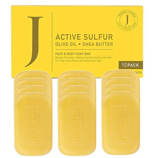 Jericho Dead Sea Sulfur Soap with Olive Oil – Helps with Acne, Psoriasis, Eczema & Blackheads – For Oily to Normal Skin – Vegan Face & Body Bar for Men & Women – 4.4 oz Each (Pack of 12)