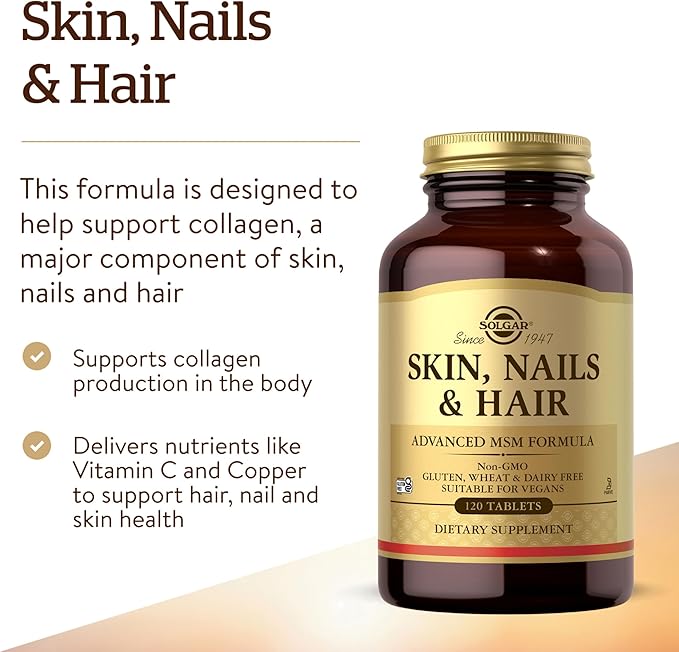 Solgar Skin, Nails & Hair, Advanced MSM Formula, 120 Tablets - Supports Collagen for Hair, Nail and Skin Health - Provides Zinc, Vitamin C & Copper - Non GMO, Vegan, Gluten & Dairy Free - 60 Servings