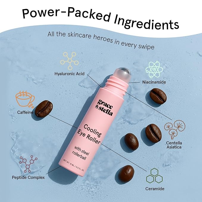 grace & stella Under Eye Brightener with Cooling Metal Rollerball - Centella Asiatica & Caffeine Eye Serum for Puffy Eyes - Travel Essentials - Under Eye Cream - Vegan Skincare (15ml / 0.51floz)