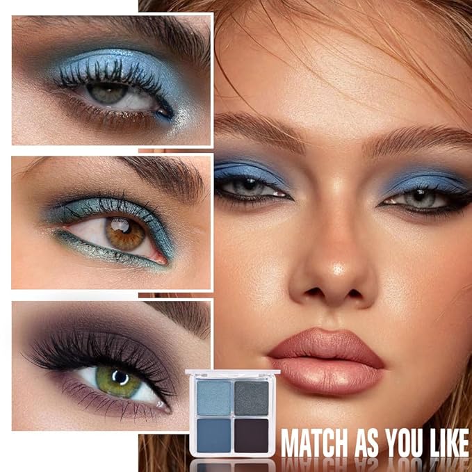 4 Colors Blue Gray Taupe Eye Shadow Powder Palette Makeup, Neutral Matte Shimmer Quad Eyeshadow Palette for Old Women Highly Pigmented Waterproof, paleta de sombras de ojos, Vegan, Cruelty-free