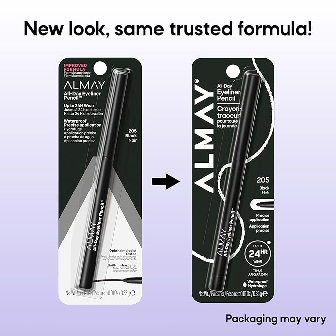 Almay All-Day Eyeliner Pencil, Hypoallergenic, Cruelty-Free, Oil-Free, Fragrance-Free, Ophthalmologist Tested, Long Wearing and Water Resistant (Packaging May Vary), 205 Black, 0.01 oz