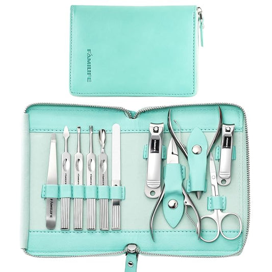 FAMILIFE Manicure Kit for Women, Professional Manicure Set Nail Clippers Set 11 in 1 Stainless Steel Pedicure Tools Nail Kit Men Grooming Tool with Portable Green Travel Case for Home, Travel