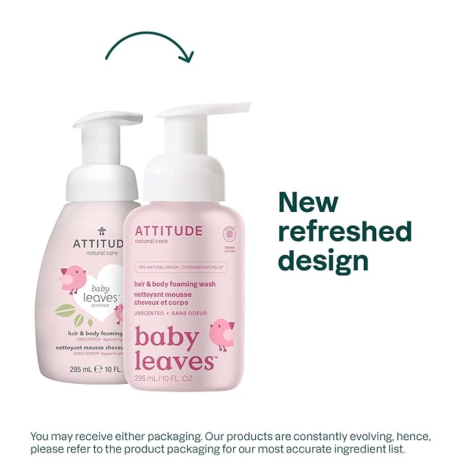 ATTITUDE 2-in-1 Hair and Body Foaming Baby Wash, EWG Verified Shampoo Soap, Dermatologically Tested, Made with Naturally Derived Ingredients, Vegan, Unscented, 10 Fl Oz