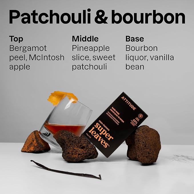 ATTITUDE Bar Soap Body Wash for Men, For Body and Hands, 99% Natural Origin Ingredients with Avocado Oil, EWG Verified, Patchouli & Bourbon, 4 Oz