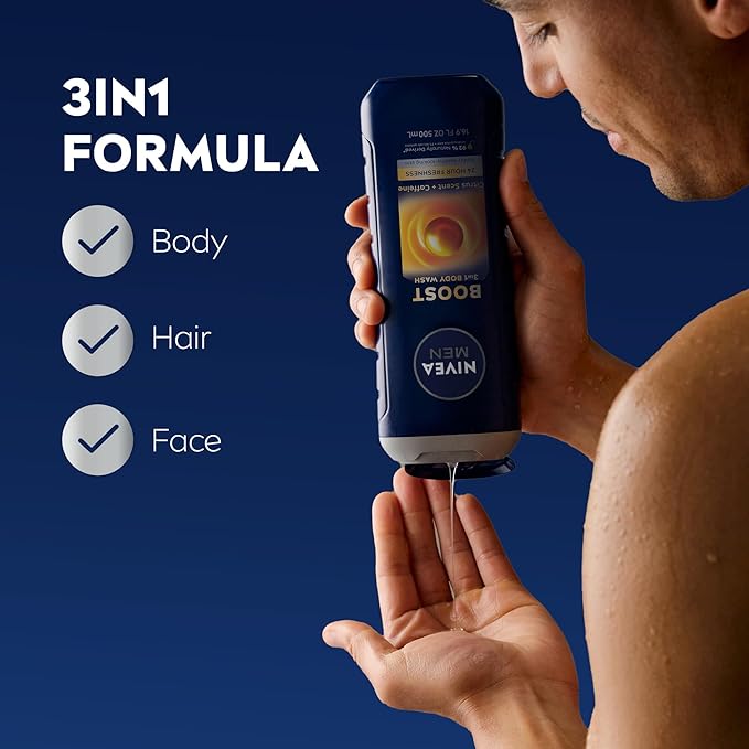 NIVEA MEN Boost Body Wash, Citrus Scent and Caffeine Enriched, 3-in-1 Men's Body Wash, Face and Hair, Paraben Free, Vegan Formula, 16.9 Fl Oz Bottle, Pack of 3