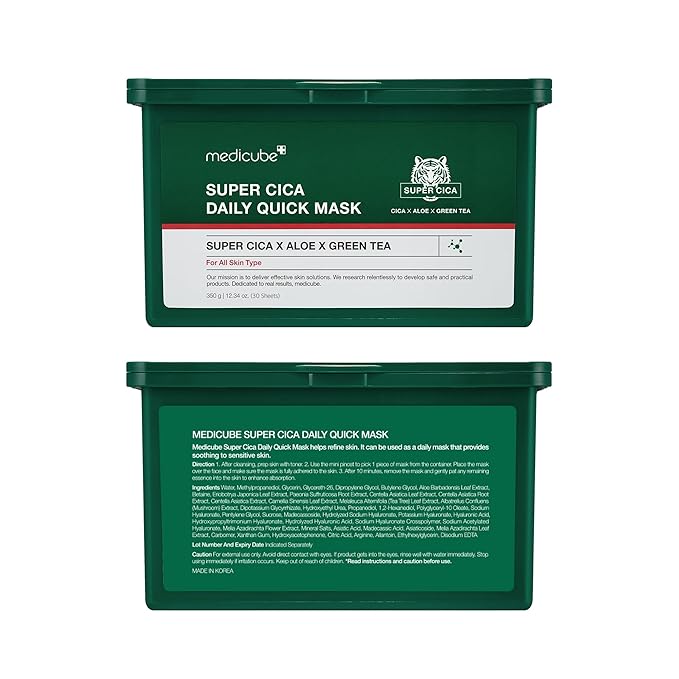 medicube Super Cica Daily Quick Facial Masks (30 Sheets) - 60-Second Soothing & Hydrating Facial Mask with 88% Cica, Instant Cooling & Moisturization - 100% Vegan Certified, Korean Skincare