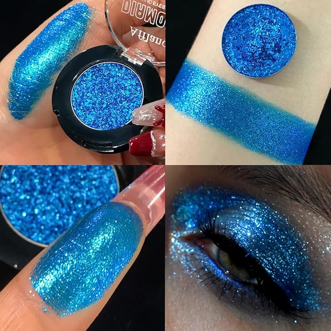Blue Metallic Eyeshadow Single, Highly Pigmented Fine Pressed Glitter Diamond Eyeshadow with Shimmer finish, Long Lasting Blendable Bright Sparkle Eye Shadow for Blue Eyes/Eyeliner, Waterproof Vegan