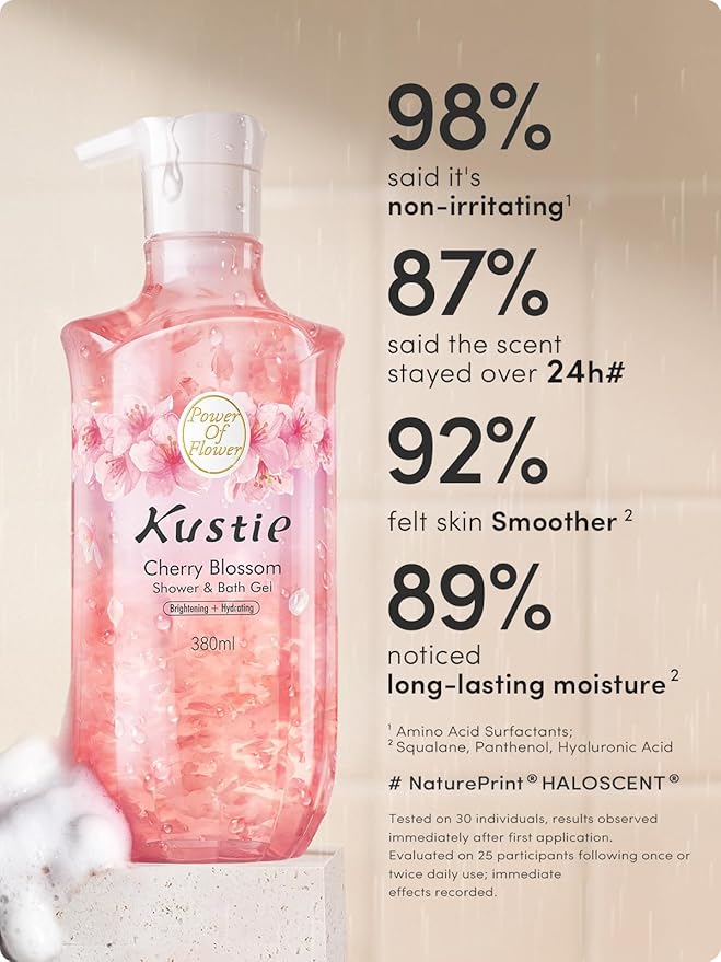 Kustie Petal Body Wash - Sakura Petals, Antioxidant-Rich, Perfume-Level Scent - Niacinamide, Hyaluronic Acid & Squalane, Vegan, Sulfate-Free for Sensitive & Dry Skin, 12.8 fl oz