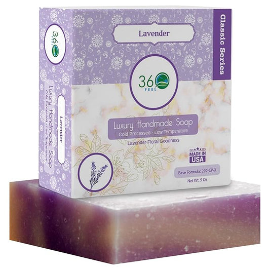 360Feel Lavender Soap - Made in The USA - Castile Handmade, All Natural, Cold Processed Infused with Refreshing Lavender Essential Oil for Relaxation & Calm - Rich, Creamy Lather - 5oz
