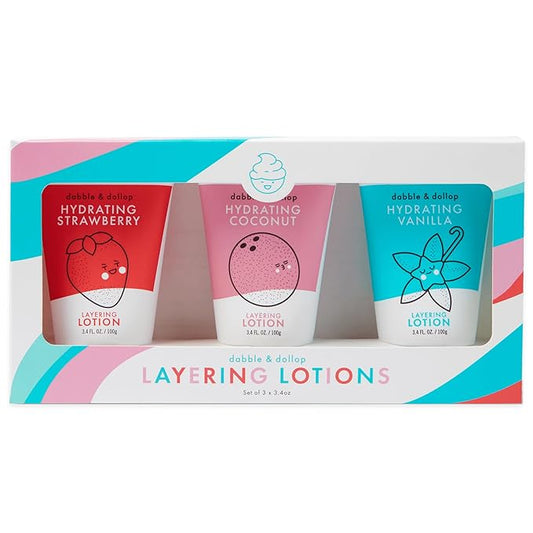 Dabble & Dollop Layering Lotion Set, Hydrating Strawberry, Coconut and Vanilla Scented Lotions for Kids, All-Natural, pDermatologist Tested, Vegan & Cruelty-Free (Set of 3)