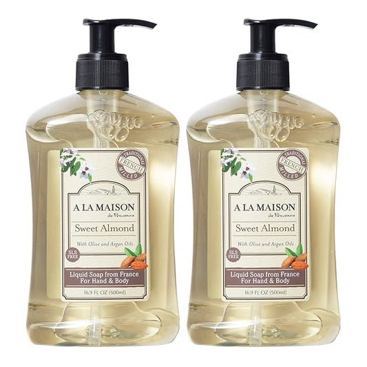 A LA MAISON Sweet Almond French Liquid Hand Soap - Natural Hand Wash Made with Essential Oils - Biodegradable, Plant-Based, Vegan, Cruelty-Free, Alcohol & Paraben Free (16.9 oz, 2 Pack)