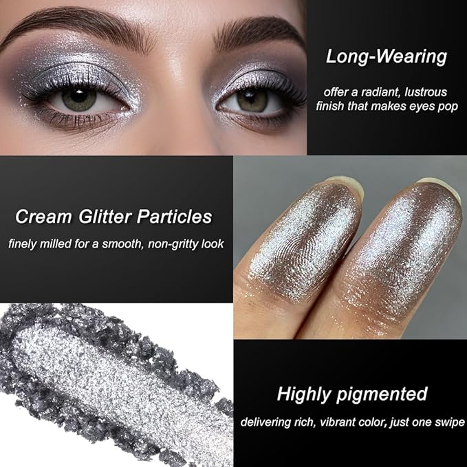 Silver Eyeshadow Single Cream Shimmer, Silver Glitter Eyeshadow Long Lasting Silky Smooth Texture, Blendable Neutral Metallic Highlighter Eye Makeup for All Skin, Travel Friendly, Cruelty-Free, 05#
