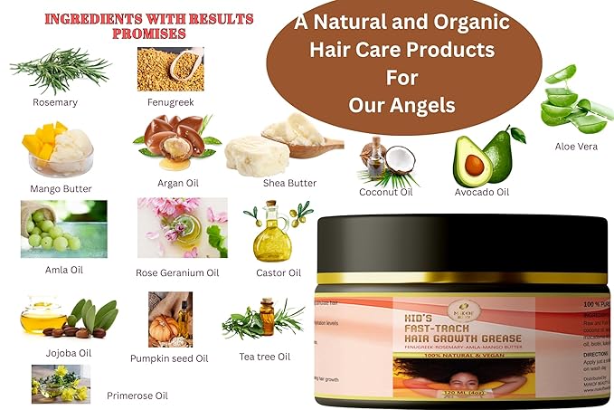 Kid's Hair Growth Grease with Raw Organic and Pure Batana Extract, Rosemary, Fenugreek, Amla oil Mango Butter. Improve Elasticity. Perfect Curly, coily and straight Hair types. 120 Ml