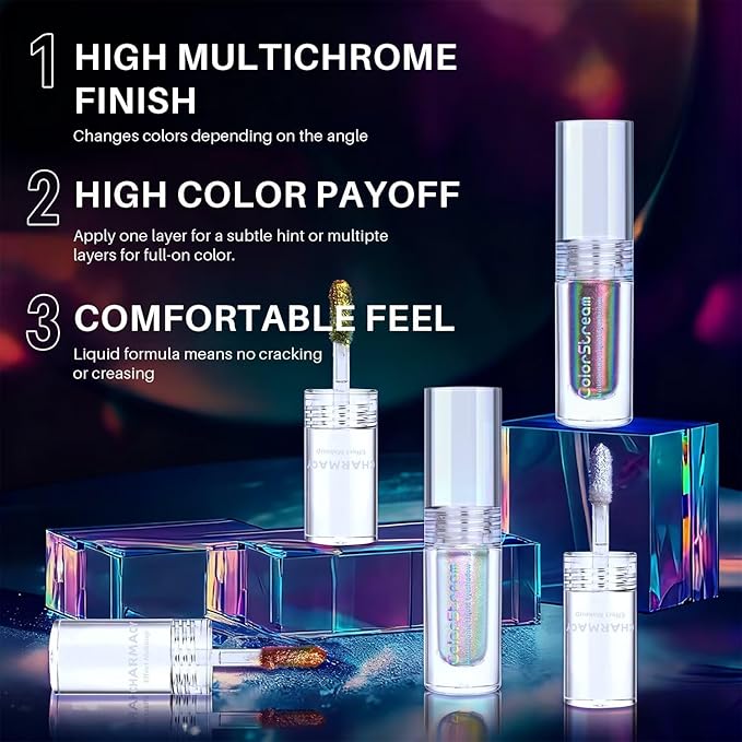 CHARMACY Liquid Duochrome Eyeshadow, Multi-Dimensional Eye Looks, Long Lasting Glitter Eye Shadow Sets Metallic Pigments, Quick Drying, Sparkling Shiny Eye Makeup for Beginners, 1.6g (#19)