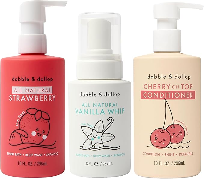 Dabble & Dollop Berry Body Wash & Conditioner Bundle, Paraben & Sulfate Free, Vegan, Gluten-Free, Strawberry, Vanilla and Cherry (Set of 3)