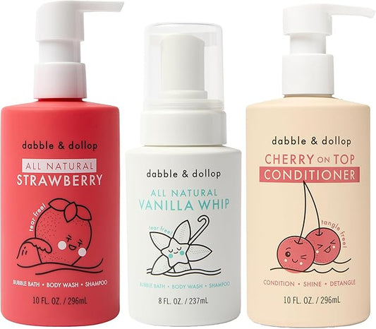 Dabble & Dollop Berry Body Wash & Conditioner Bundle, Paraben & Sulfate Free, Vegan, Gluten-Free, Strawberry, Vanilla and Cherry (Set of 3)