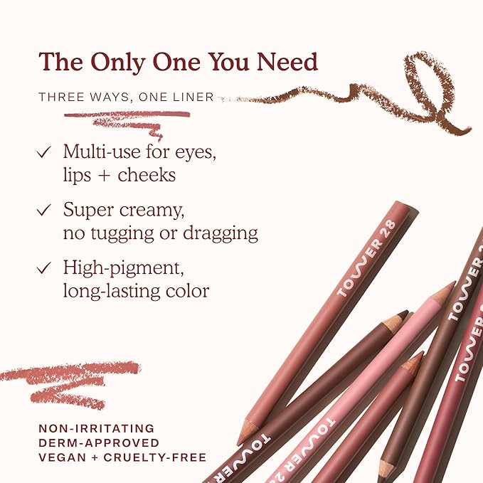 Tower 28 OneLiner - Multi-Use Creamy Lip Liner, Eyeliner & Face Makeup Pencil for Sensitive Skin - Hydrating, Vegan Formula with Shea Butter - Matte, Long-Lasting Finish - Rosy Nude (1 Count)