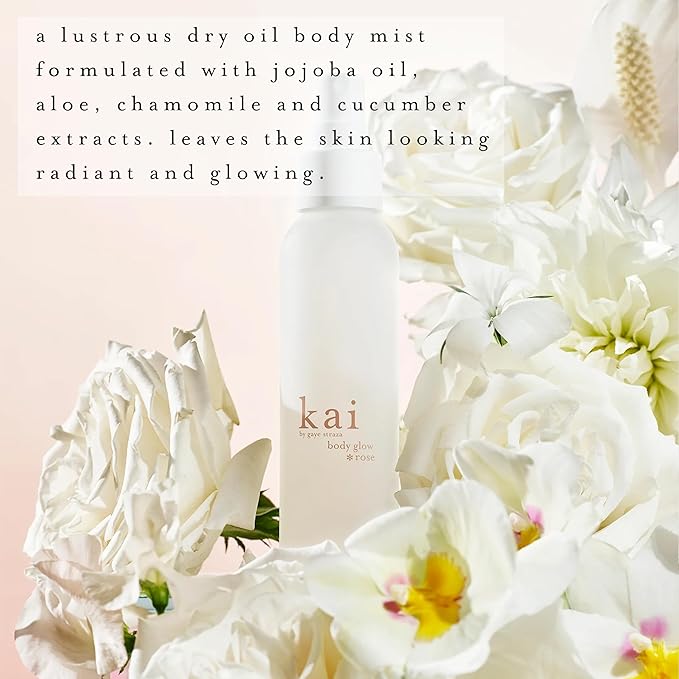 kai body glow rose, 4 Fl Oz, dry body oil with jojoba, chamomile, cucumber extracts, moisturizes and leaves a radiant glow with a fresh + clean fragrance, layered with rose absolute, made in the usa