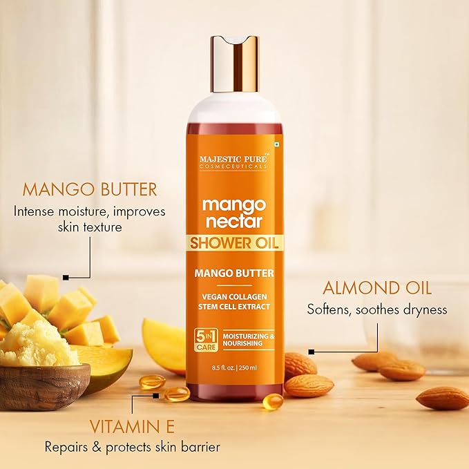 Majestic Pure Mango Nectar Shower Oil, Moisturizing with Mango Butter and Vegan Collagen, 8.5 fl oz