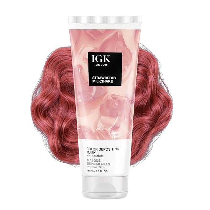 IGK Strawberry Milkshake Color Depositing + Conditioning Hair Mask | Soft Rose Gold - Pink Tones | Hydrating Semi-Permanent Gloss Toner Treatment