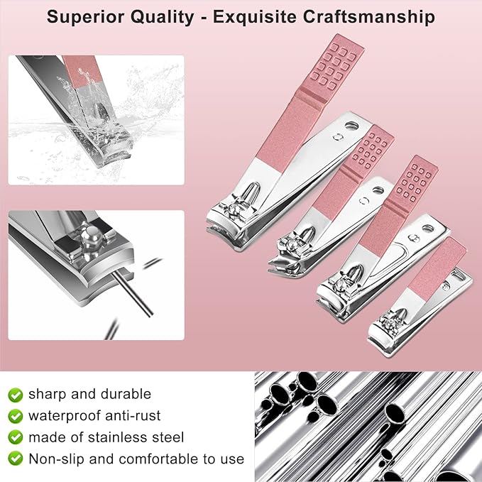 Women Manicure kit Professional sat Nail Set kit Pedicure Kit 30 in 1 Nail Clippers for Women Grooming Nail Care kit with Luxurious Travel Case Pink