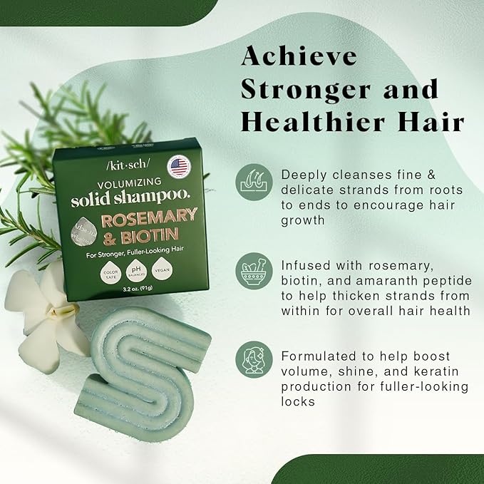 Kitsch Rosemary & Biotin Shampoo Bar - For Hair Growth, Strengthening, Thickening & Volumizing Shampoo for Women and Men - Free of Parabens, Sulfates & Silicones - Made in USA - 3.2 oz