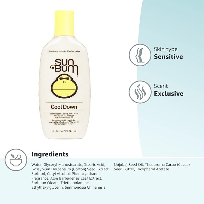 Sun Bum Cool Down Aloe Vera Lotion - Vegan After Sun Care with Cocoa Butter to Soothe and Hydrate Sunburn - 8 oz,(Pack of 2)