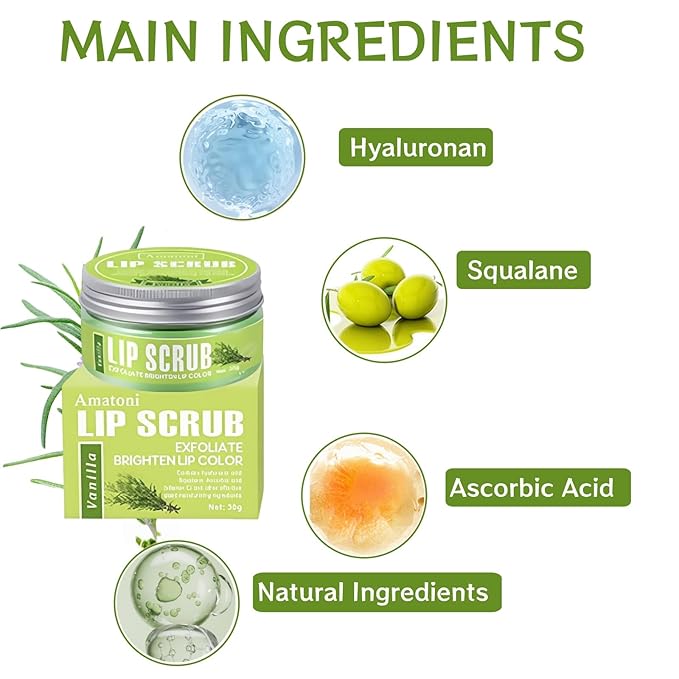 4-Color Fruit-Flavored Lip Scrub for Dry, Cracked & Dark Lips – Exfoliating & Moisturizing Lip Care with Organic Ingredients, Lip Brush – Vegan, Cruelty-Free (20g) (Vanilla flavor, 1PC)