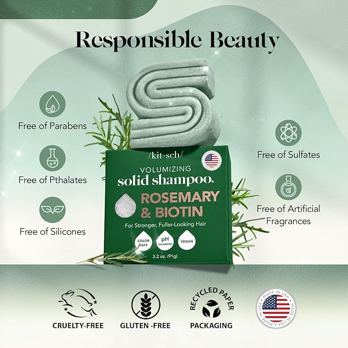 Kitsch Rosemary & Biotin Shampoo Bar - For Hair Growth, Strengthening, Thickening & Volumizing Shampoo for Women and Men - Free of Parabens, Sulfates & Silicones - Made in USA - 3.2 oz (Pack of 2)