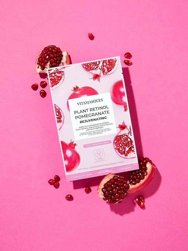 Vitamasques Retinol Pomegranate Face Sheet Mask 7 Pack - Korean Skin Care Facial Mask Rejuvenate & Hydrating Skin Care - Natural & Biodegradable