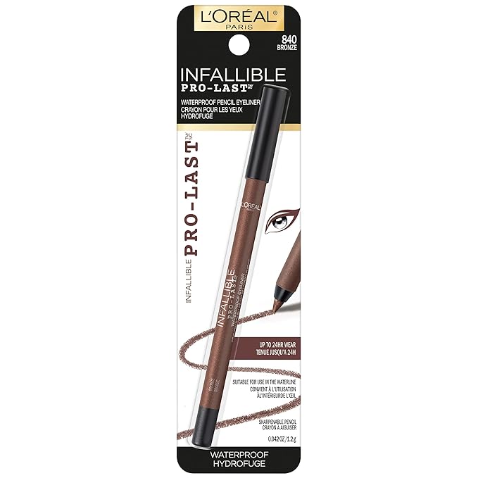 L'Oreal Paris Makeup Infallible Pro-Last Pencil Eyeliner, Waterproof and Smudge-Resistant, Glides on Easily to Create any Look, Bronze, 0.042 oz.