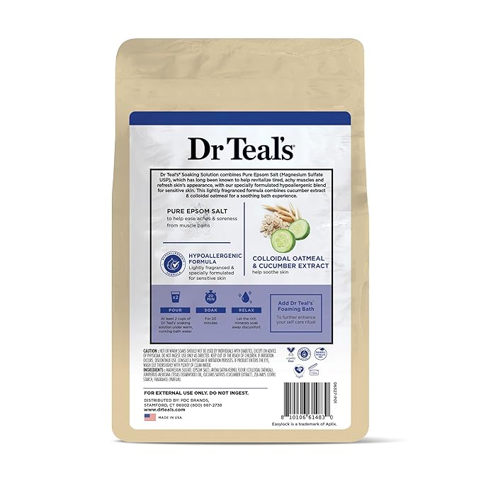 Dr Teal's Epsom Salt Magnesium Soak, Sensitive Skin with Colloidal Oatmeal & Cucumber, 3 lbs (Pack of 4)