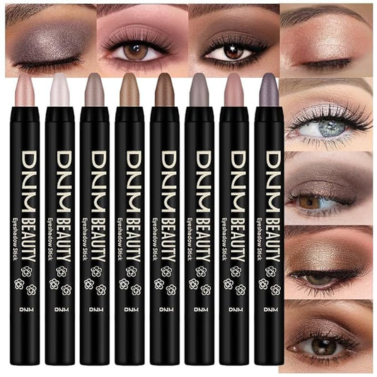8Pcs Cream Eye Shadow Brightener Stick Makeup Set, Champagne Pearl Taupe Bronze Cocoa Stone Putty Smoky Amethyst Shimmer Matte Eyeshadow Eyeliner Pencil Applicator Stick Palette Makeup for Older Women