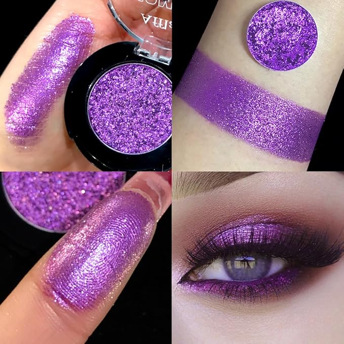 Purple Glitter Eyeshadow, High Impact Diamond Shimmer Eyeshadow Lavender Sparkle Makeup, Pigmented Long Lasting Waterproof Violet Fine Pressed Eye Glitters/Highlighter for Daily, Carnival, Party,Vegan