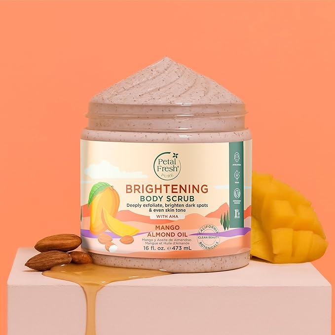 Petal Fresh Pure Brightening Mango & Almond Oil Body Scrub, AHAs for Gentle Exfoliation, Even Tone & Radiant Glow, Vegan and Cruelty Free, 16 oz – MADE IN USA
