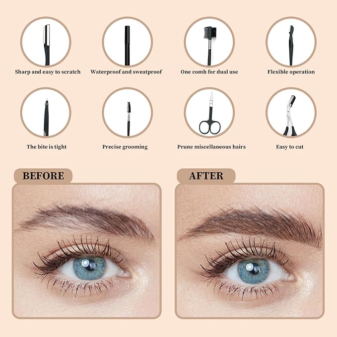 8PCS/SET Professional Eyebrow Shaping Grooming Kit - Beauty Tools Set with Leather Bag Eyebrow Grooming Kit for Women & Men, Eyebrow Trimming Kit With Razor Eyebrow Scissors and Brush with Comb Khaki