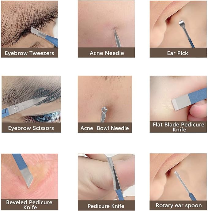18 Pieces of Stainless Steel Nail Trimming and Beauty Kits - Nail Clippers, Nail Files, Tweezers, Nose Scissors, Eyebrow shavers, Ear Spoons, Blue Leather suitcases.