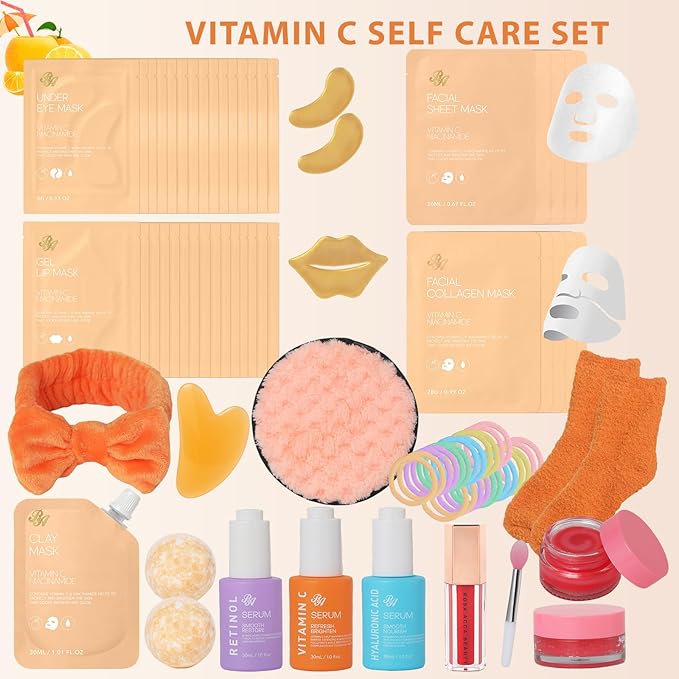 55 Pcs Valentines Day Gifts for Women, Orange Gel Overnight Mask, Skin Care Kit, Self-Care Spa Set, Bath & Body Care Basket Gift Set, Face Sheet Mask, Face Serum, Christmas, Mother Day