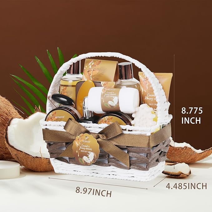 Coconut & Honey Almond Bath and Body Gift Basket Set, 24 Pcs Spa Gift Basket with Lotion, Face Cream, Himalayan Salt, Eye Cream, Facial Serum & More Bath Set Gifts for Girls, Birthday Gifts for Men