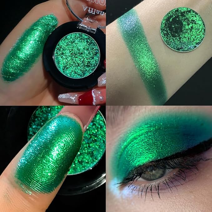 Green Glitter Eyeshadow, Highly Pigmented Fine Pressed Glitter Emerald Green Metallic Eye Shadow Palette Wicked Makeup, High Impact Long Lasting Waterproof Eye Glitters for Saint Patrick, Carnival