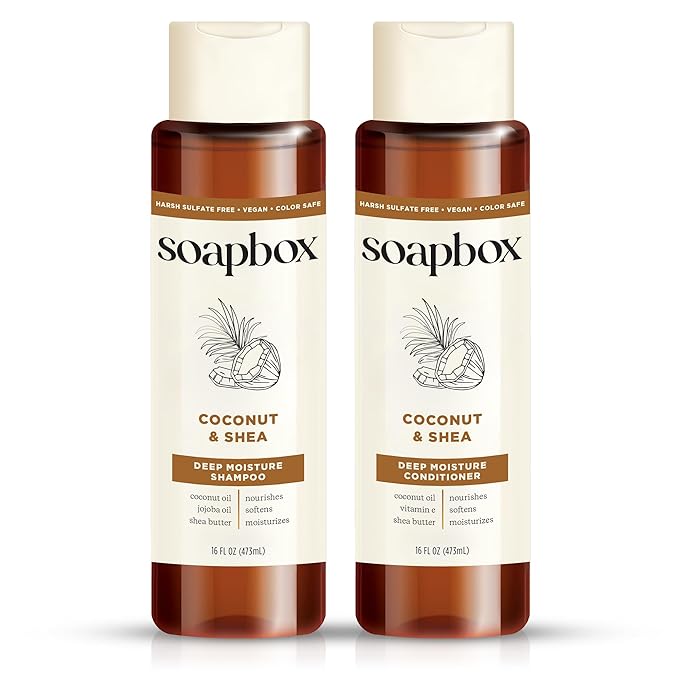 Soapbox Coconut Shampoo and Conditioner Set | Coconut Oil, Jojoba Oil, Aloe & Shea Butter to Moisturize & Nourish All Hair Types | Paraben Free, Silicone Free, Harsh Sulfate Free | 16oz (Pack of 2)