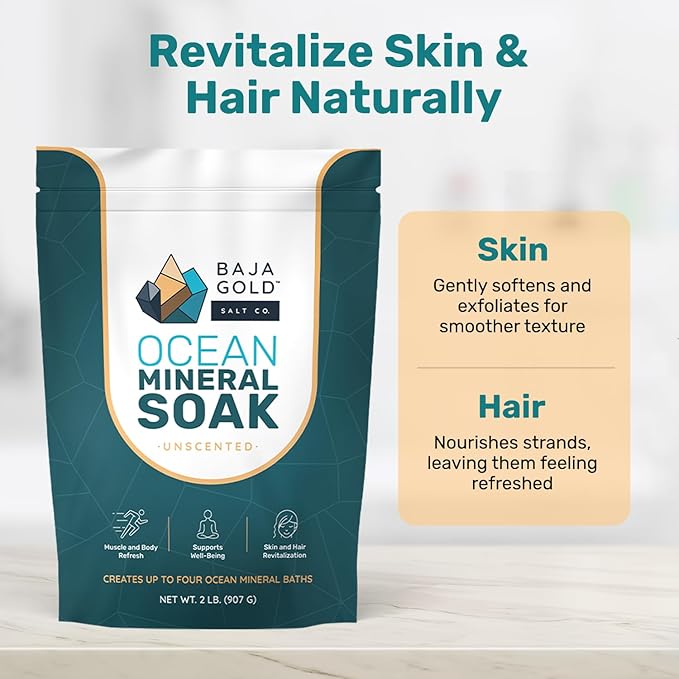 Baja Gold Ocean Mineral Soak – Natural Magnesium Bath Soak & Trace Elements | Relaxing, Clean Ingredient Soak for Bath, Muscles, Relaxation & Skin Care | Pure, Vegan, 2 Lb Resealable Bag, Unscented
